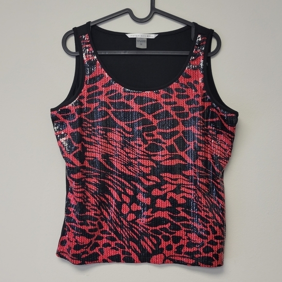 Peter Nygard Tops - Peter Nygard Animal Print Sequin Tank Top Black & Red M